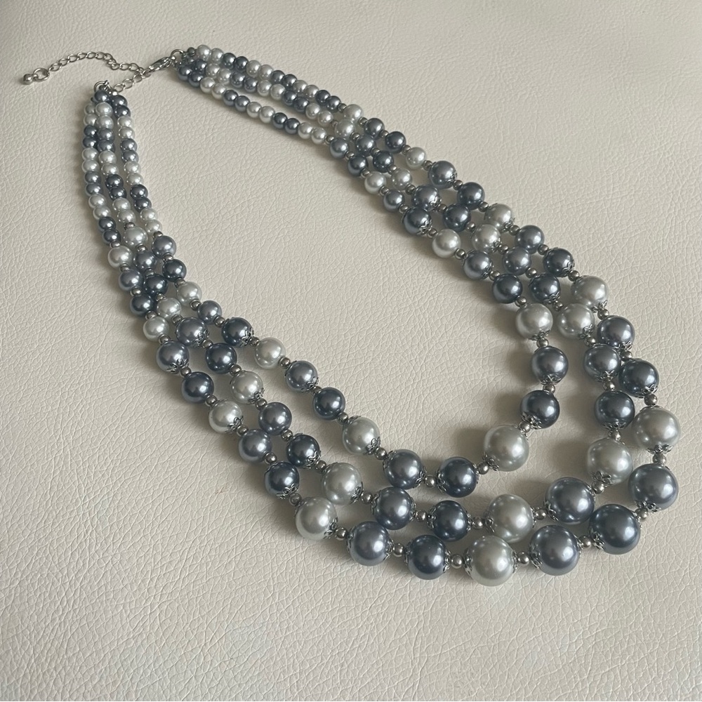 RARE Three Row Grey Pearl Long Necklace